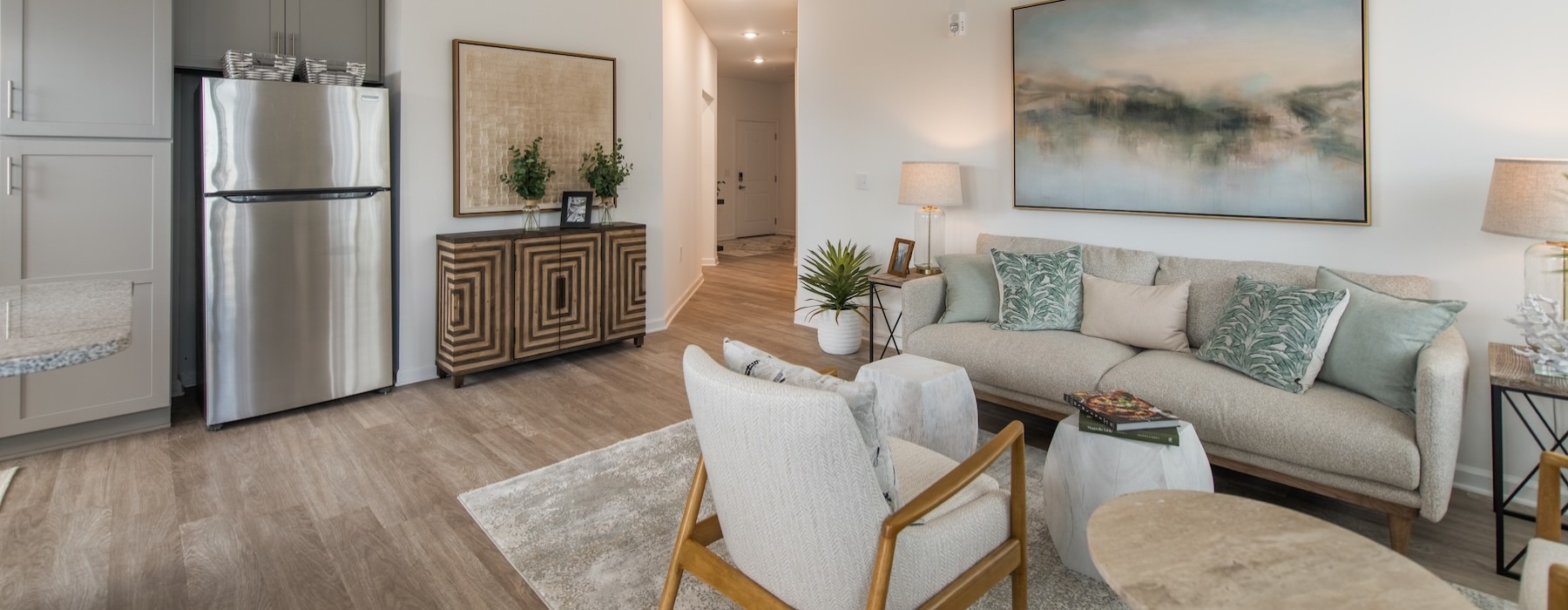 a living room with a couch and a table